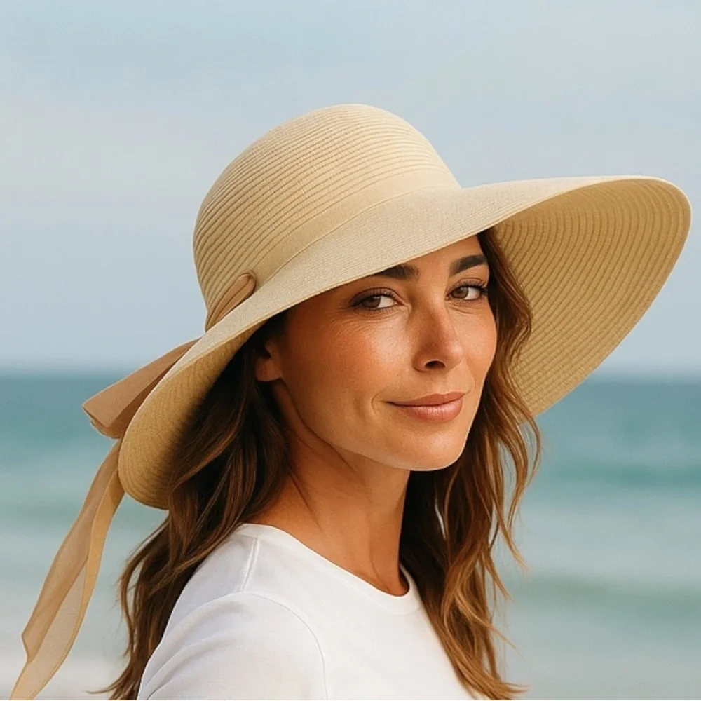 Amazon Women's Ivory Wide Brim Sun Hat w/ Changeable Scarf Medium